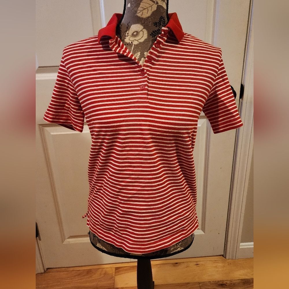 Kim Rogers red and white striped polo t shirt S
